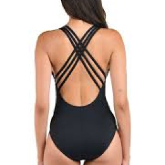 LA BLANCA ISLAND GODDESS MULTI-STRAP CROSS-BACK ONE PIECE BLACK SWIMSUIT SIZE 12 - Picture 8 of 8